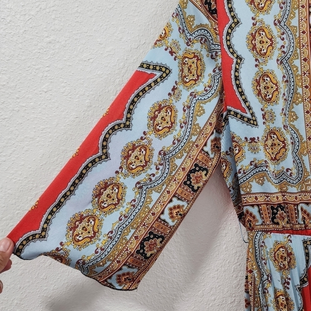 ZARA Boho Patchwork Wrap Midi Dress Red Blue Print Belted Pleated V-Neck - Picture 12 of 15